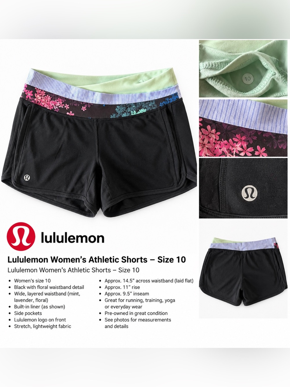 Lululemon Women’s Black Running Shorts Floral Waistband Size 10
